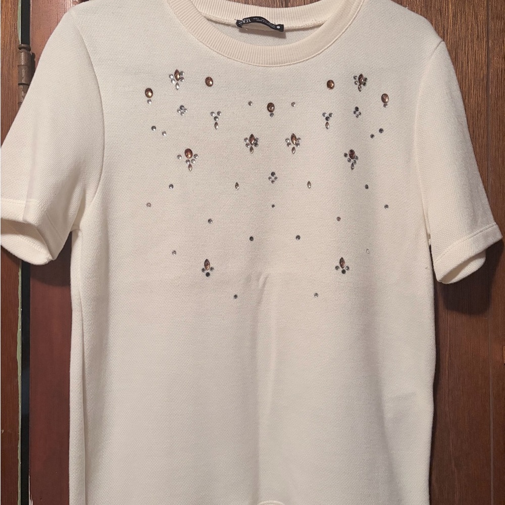 Zara Cream Short-Sleeve Embellished Knit Top